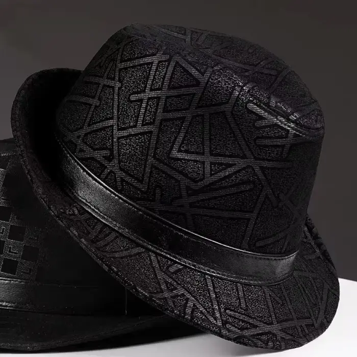 Hiver en cuir véritable daim imprimé noir GeometryTop chapeaux pour hommes/femmes messieurs britanni