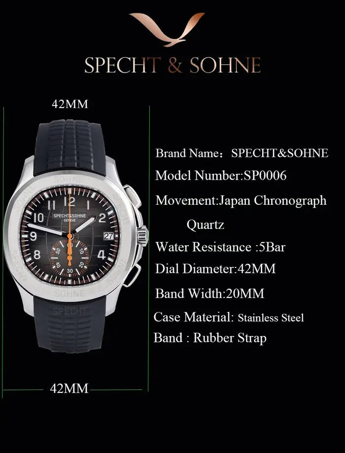 Montre sport homme Specht & Söhne 5167 classique orange cristal saphir bracelet caoutchouc étanche 50M montre quartz
