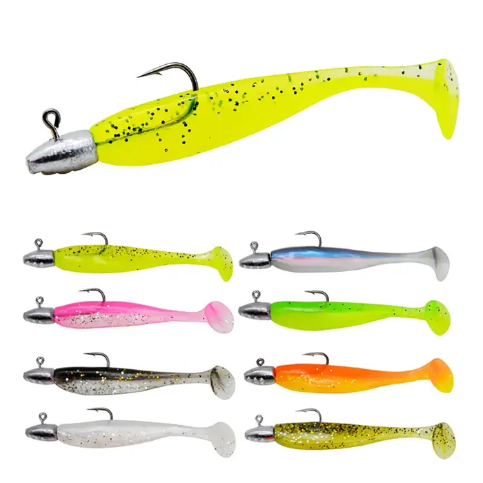 Lot de 5 leurres souples en forme de T, assortis à des hameçons à tête de jig, leurres artificiels, 
