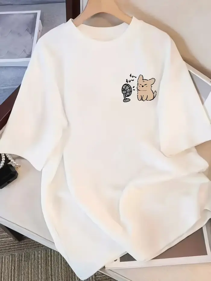 T-shirt à imprimé graphique chien mignon avec ventilateur, haut décontracté à manches courtes et col