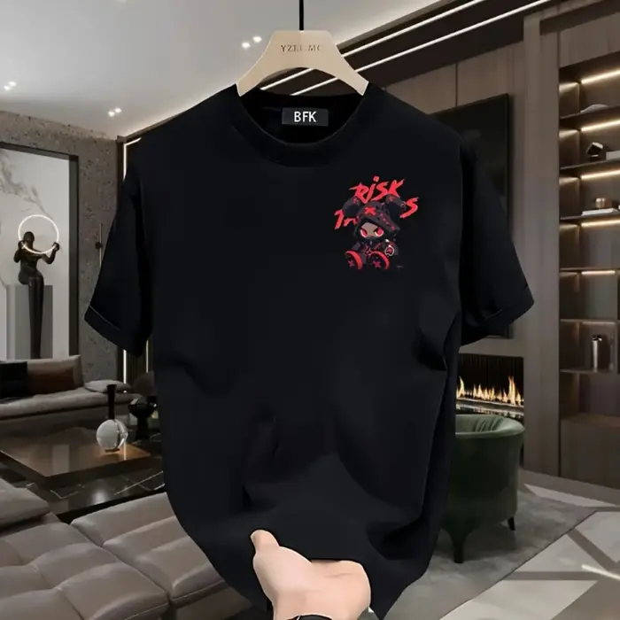 Vente chaude hommes haute rue dessin animé imprimé polyester micro élastique respirant col rond T-sh