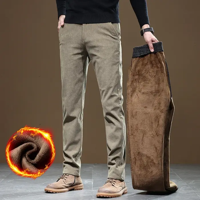 Pantalon homme hiver 2025 chaud velours côtelé business slim stretch épais gris kaki duvet décontracté