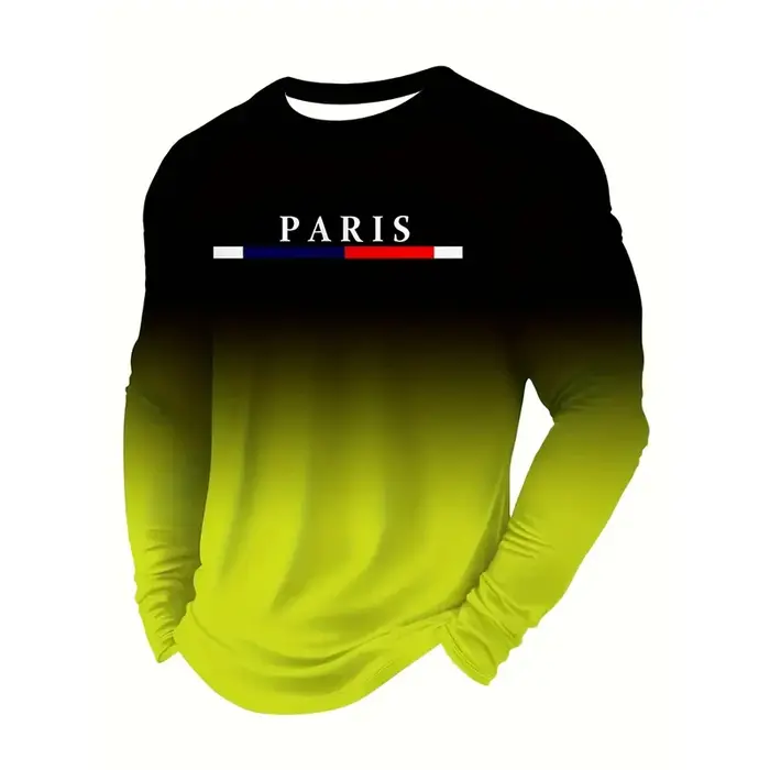 Texte Paris France solide décontracté à manches longues T-shirt pour hommes vêtements Sport Fitness 