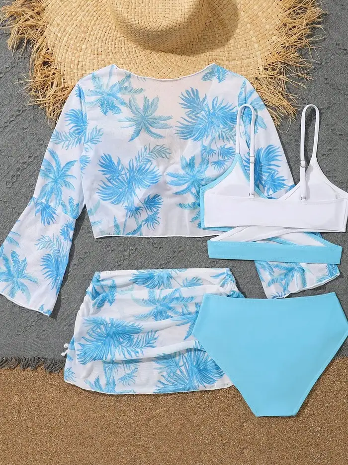 Ensemble 4 pièces haut de bikini et jupe 2026 pour filles, maillot de bain taille haute pour enfants
