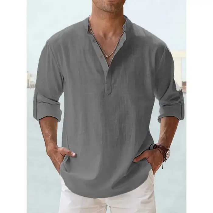 Chemises à manches longues pour hommes en coton et lin, vente chaude, couleur unie, col Henley, styl