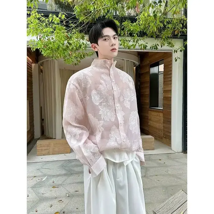 EFB – chemise transparente pour hommes, vêtements de protection solaire en Jacquard à fleurs roses, 