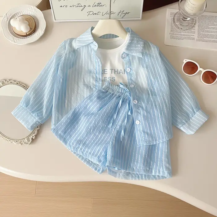Ensemble de protection solaire pour filles, chemise à manches longues à rayures + gilet + short, cos