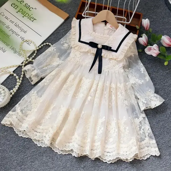 Robe coréenne à fleurs Beige pour filles, avec nœud en dentelle, manches longues, décoration pour ad