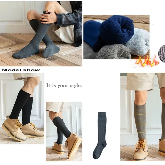 Lot 6 chaussettes compression hiver homme - Socks chauds genou haut pour chasse froid