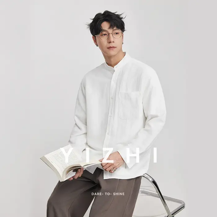 Chemise décontractée pour homme en lin, style chinois, col montant, printemps 2026, légèrement ample