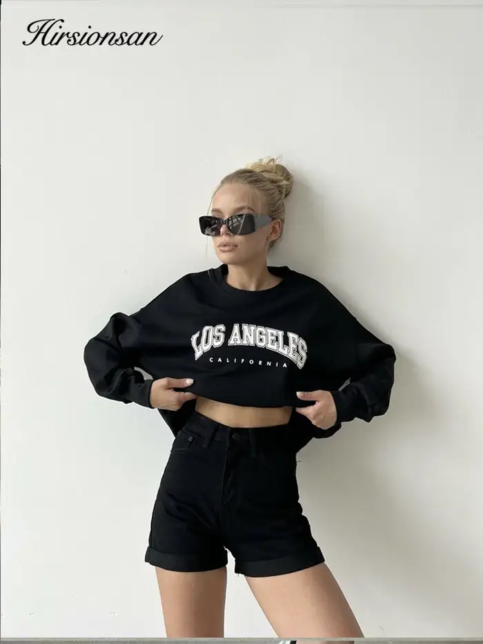 Hirsionsan-Sweat-shirt 35% coton imprimé lettre pour femme, pulls basiques, sweats à capuche coréens