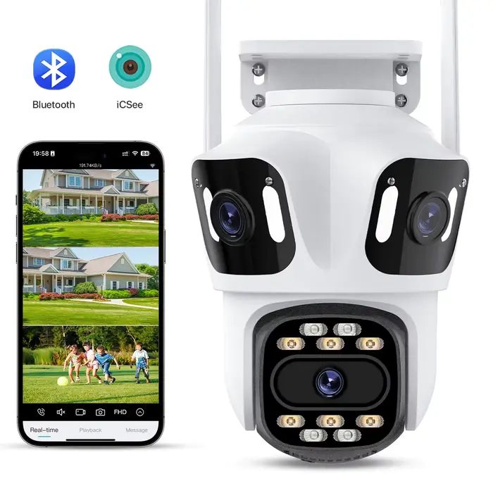 Caméra PTZ IP extérieure 3 objectifs écran triple WiFi suivi automatique CCTV iCsee