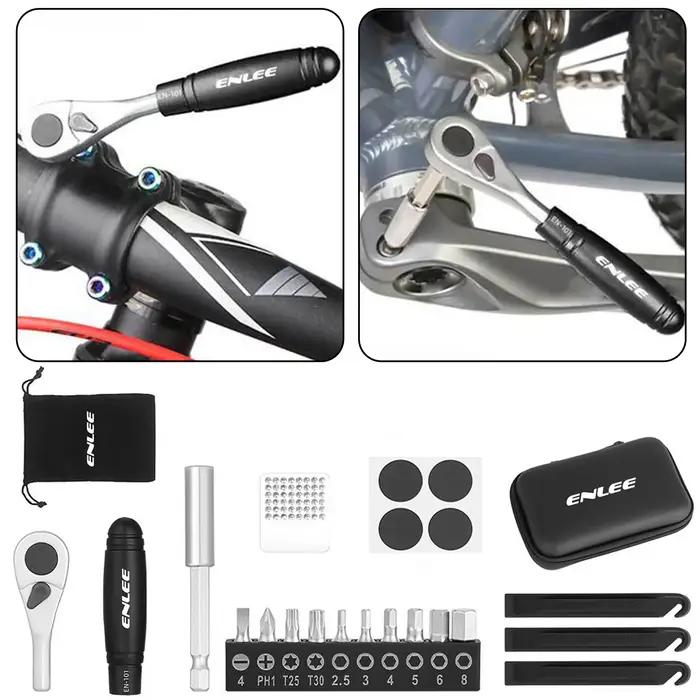 Clé à cliquet pour vélo, Kit de réparation de cyclisme, sac à outils d'urgence avec patch de pneu, e