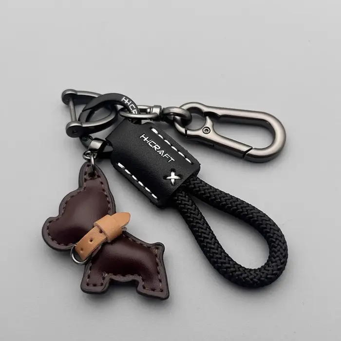 Porte-clés bouledogue français-cuir véritable fait à la main et corde tressée, sangle Anti-perte pou