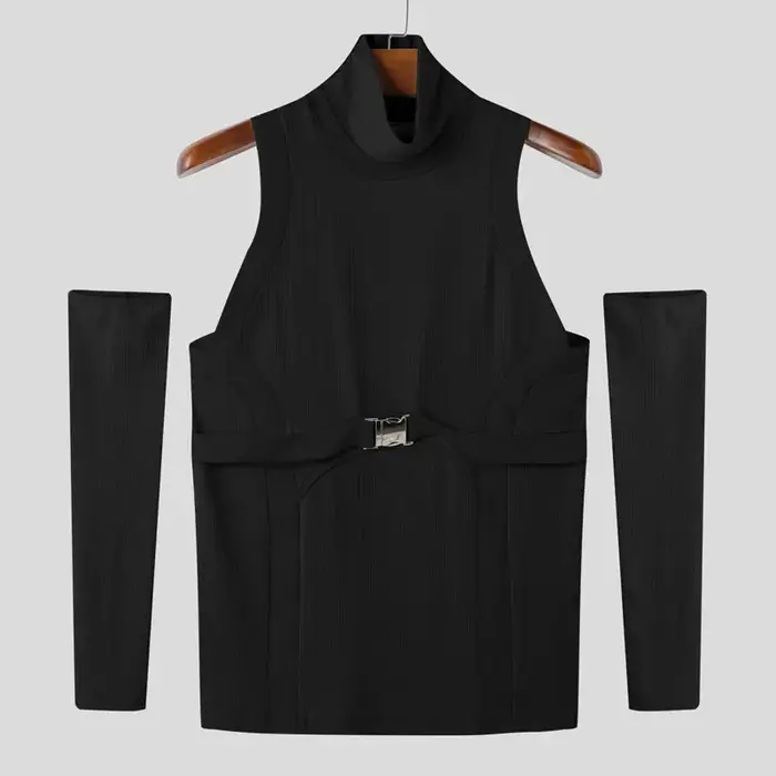 INCERUN hommes t-shirts Patchwork col roulé épaules dénudées à manches longues décontracté hommes vê