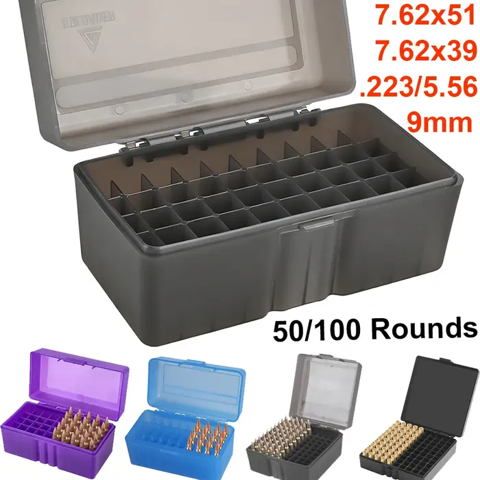 Boîte à cartouches FUNANASUN en plastique ABS pour cartouches de calibre 7,62x51mm, 0,308Win/7.62x39mm, 223/5.56, 9mm avec options de couleur gris, rouge, bleu, rose, vert, argent, blanc, jaune, noir, or, violet