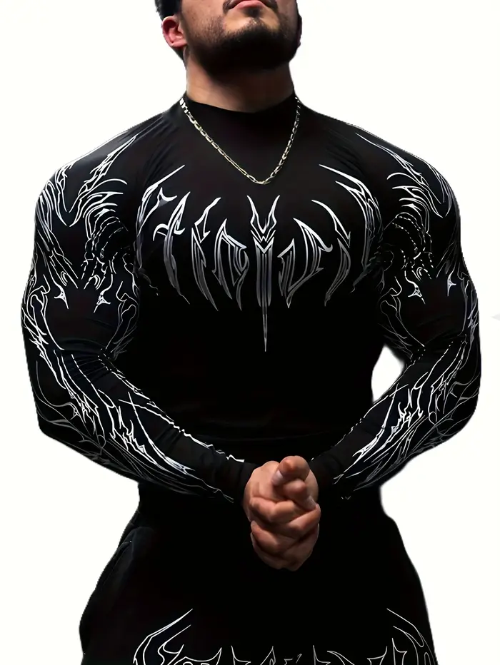 T-shirt de fitness à manches longues pour homme, coupe ajustée, imprimé géométrique, col montant, id