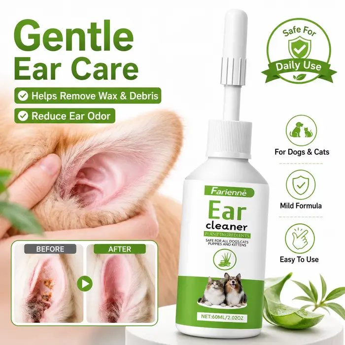 Nettoyant auriculaire naturel à base de plantes pour chiens et chats, 60 ml, élimine cérumen et sale