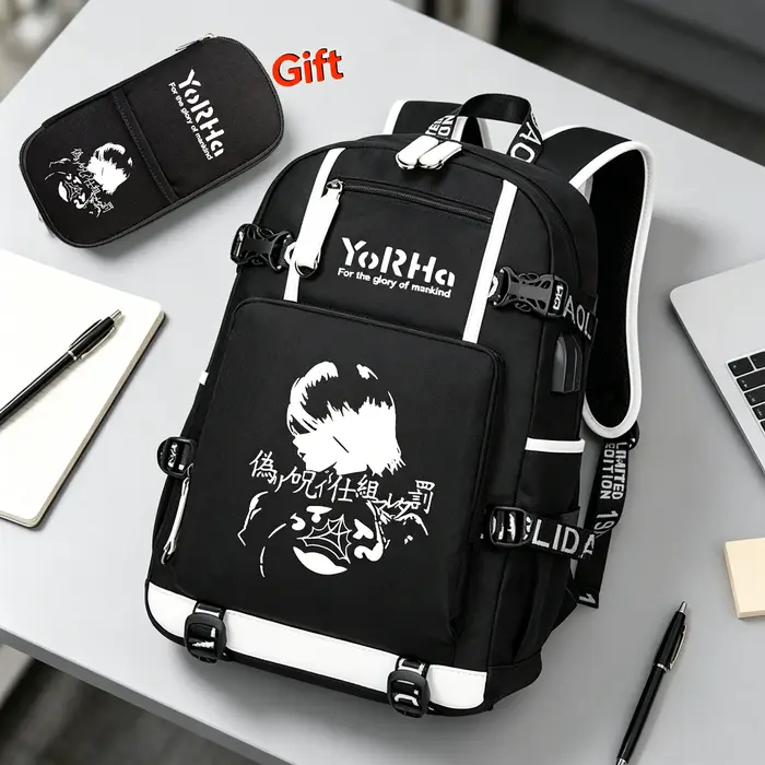 NieR-Sac à dos de voyage en toile avec chargement USB pour femme, sac à dos pour ordinateur portable