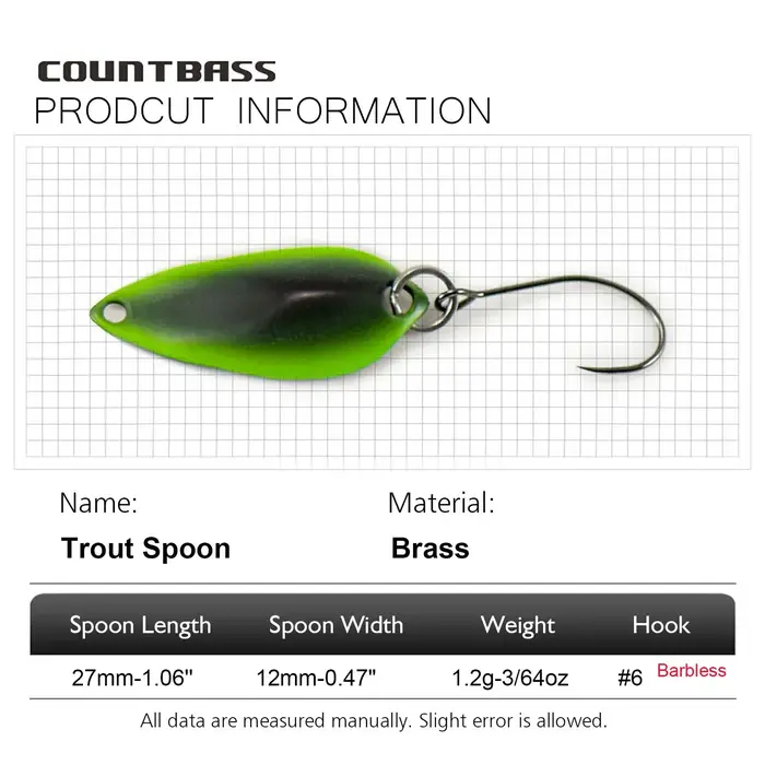 COUNTBASS 1 pièce 3/64oz 1.2g cuillère de coulée leurre de pêche pour truite avec crochet sans ardil