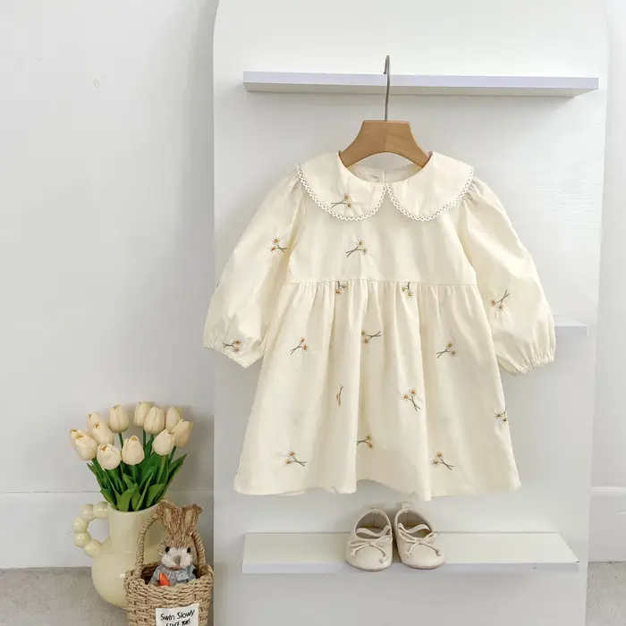 Vêtements de printemps pastorale pour petites filles, robe d'automne en coton brodé à fleurs, robe d