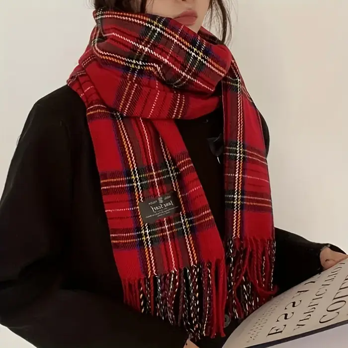 Écharpe à pampilles Tartan rouge, élégante, Vintage, décoration, écharpe de cou, automne hiver, rési
