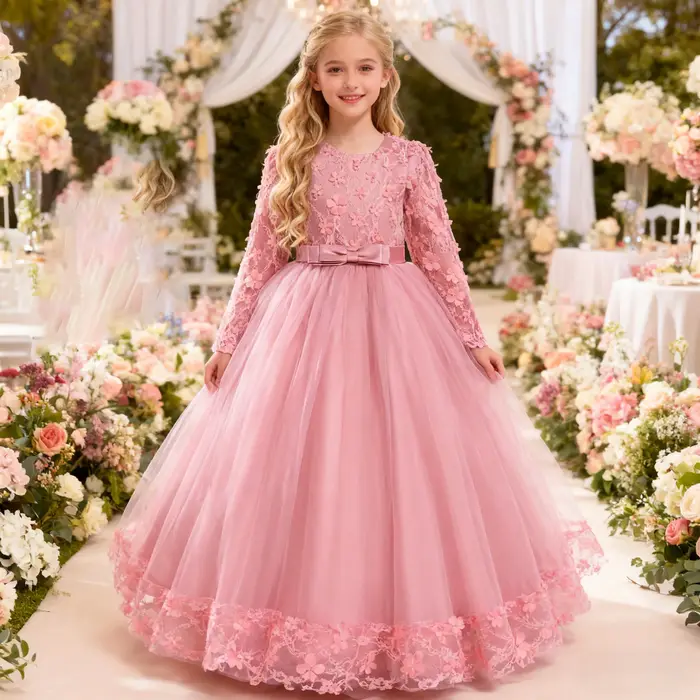 Robe de demoiselle d'honneur à manches longues pour filles, costume de Noël pour enfants, nœud en de