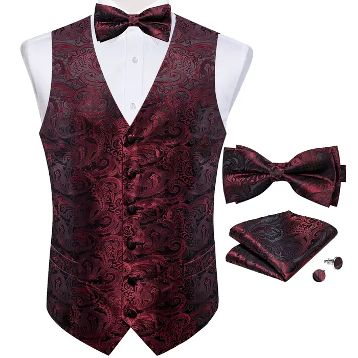Gilet de costume en soie pour hommes, pour fête de mariage, nœud papillon, boutons de manchette, smo