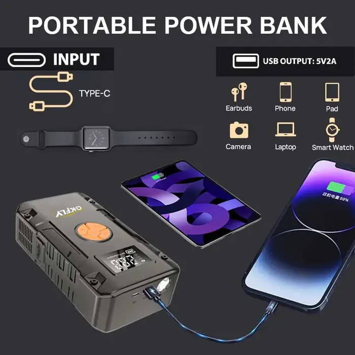 Démarreur de voiture portable 4000A, compresseur d'air 150 PSI, batterie externe 59,2 Wh, gonfleur d