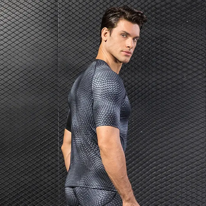 Chemises imprimées à Compression pour hommes, T-Shirt d'entraînement à manches courtes, hauts de cou