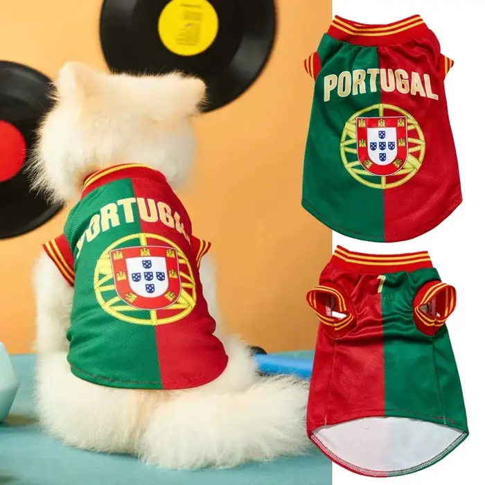 Maillot de football Portugal pour animaux de compagnie, imprimé 2D, respirant, sportif, pour chiens 