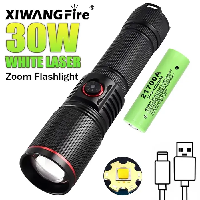 30W blanc Laser lampe de poche LED Zoom torche USB lumière Rechargeable en plein air Camping chasse 
