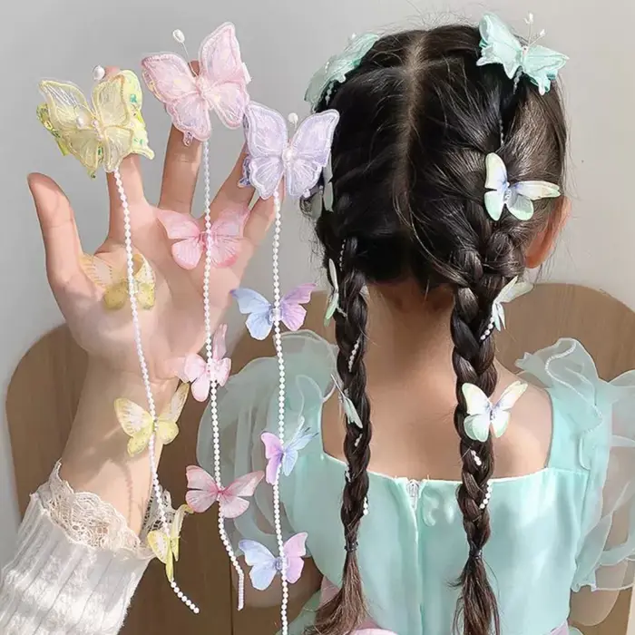 Pince à cheveux féerique en perles et papillons, 2 pièces/ensemble, princesse fille, pompon tressé, 