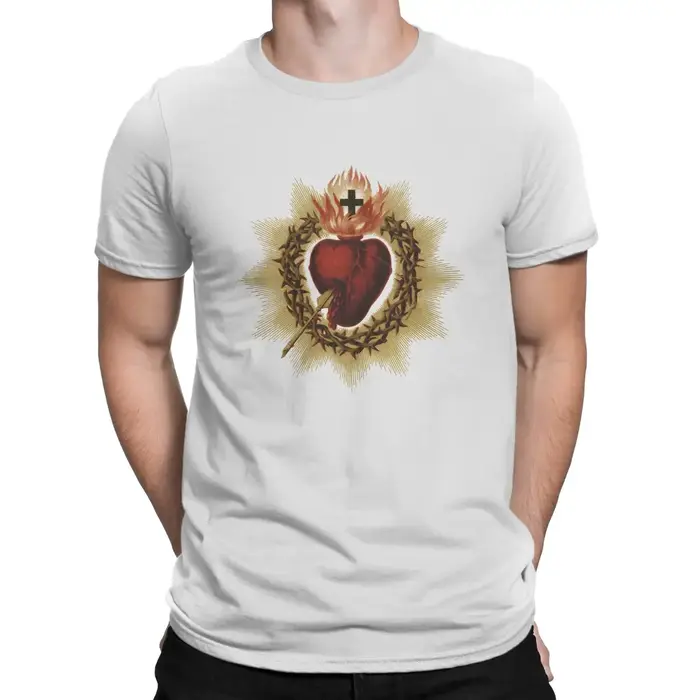 T-Shirt Manches Courtes Col Ras du Cœur Catholique pour Homme, Vêtement Vintage en Coton, Croix de J