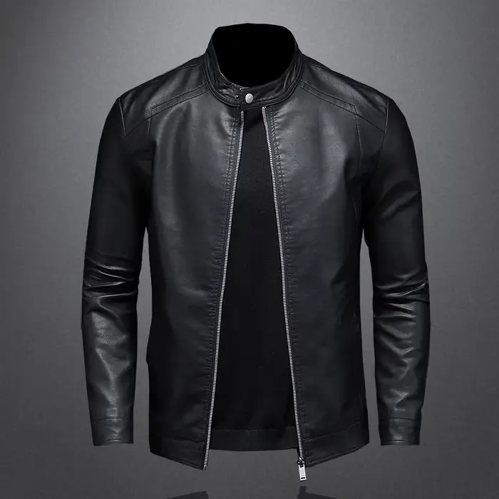 Printemps automne veste en cuir hommes col montant mince veste en cuir Pu mode Moto manteau décontra