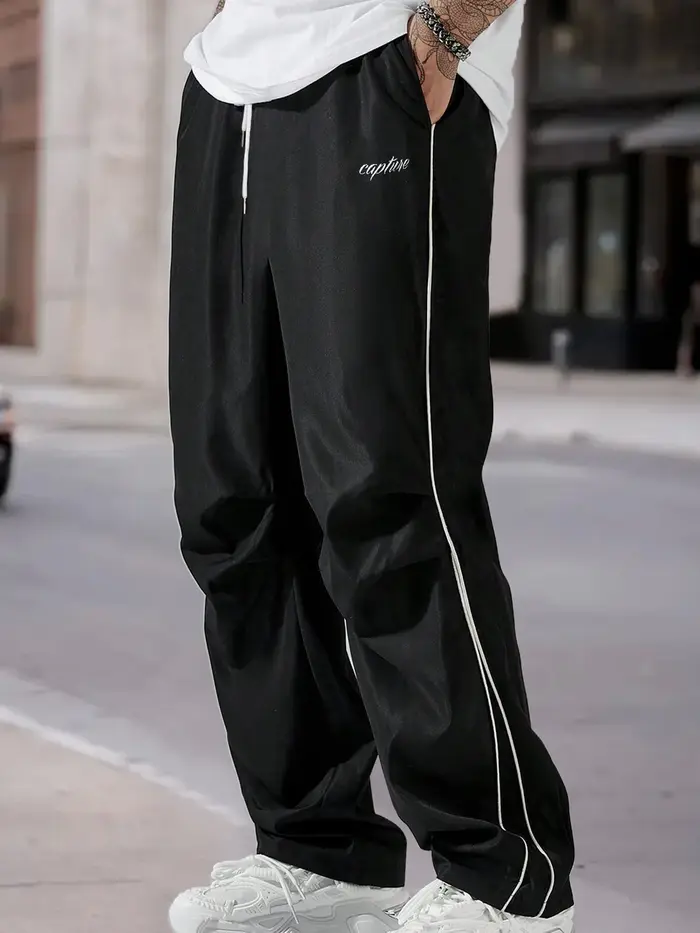 Pantalon décontracté pour homme, coupe droite, noir et blanc, avec cordon de serrage, style cargo, p
