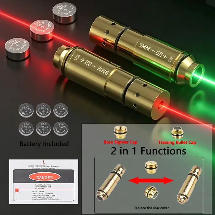 Cartouche de formation laser à point rouge vert pour tir à sec 9mm 380ACP 38SPL 40S&W 223Rem 45ACP 7.62x39 pour entraînement et alignement de canon