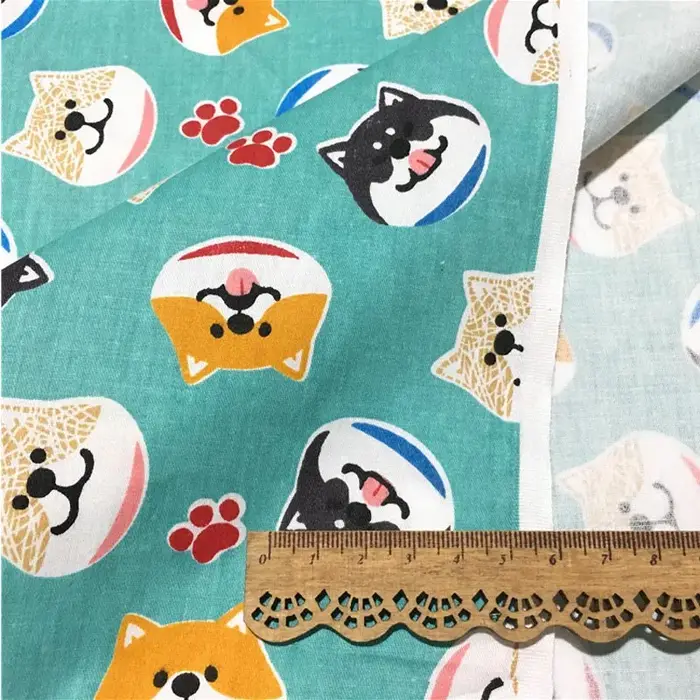 Tissu en coton 160cm x 50cm, motif dessin animé chiens Akita vert rose, pour bricolage, literie de b