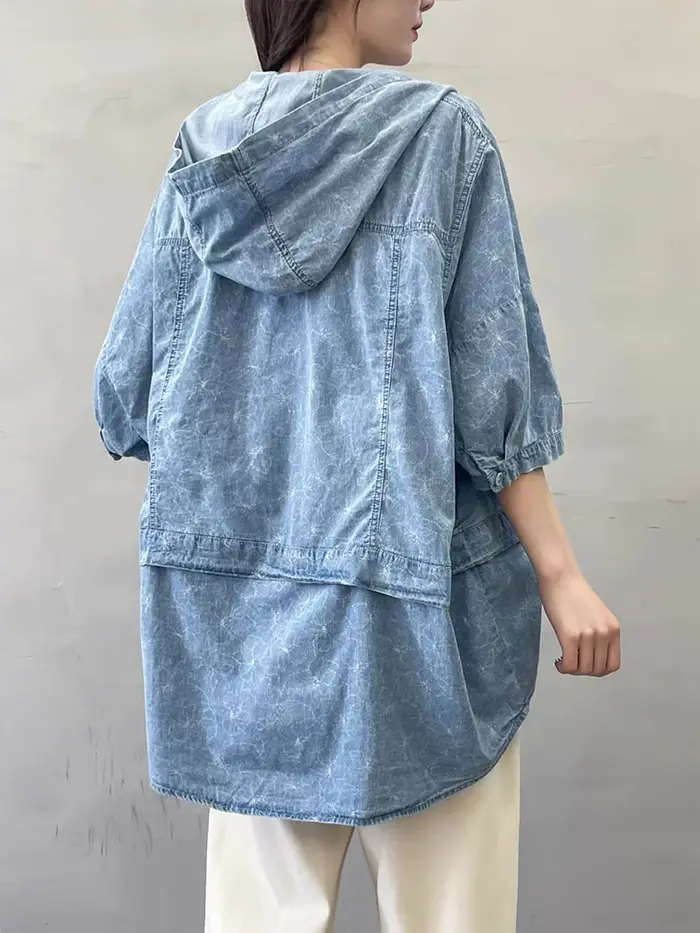 Amax luluE été femmes Denim à capuche hauts floraux mode surdimensionné imprimé chemises dames décon