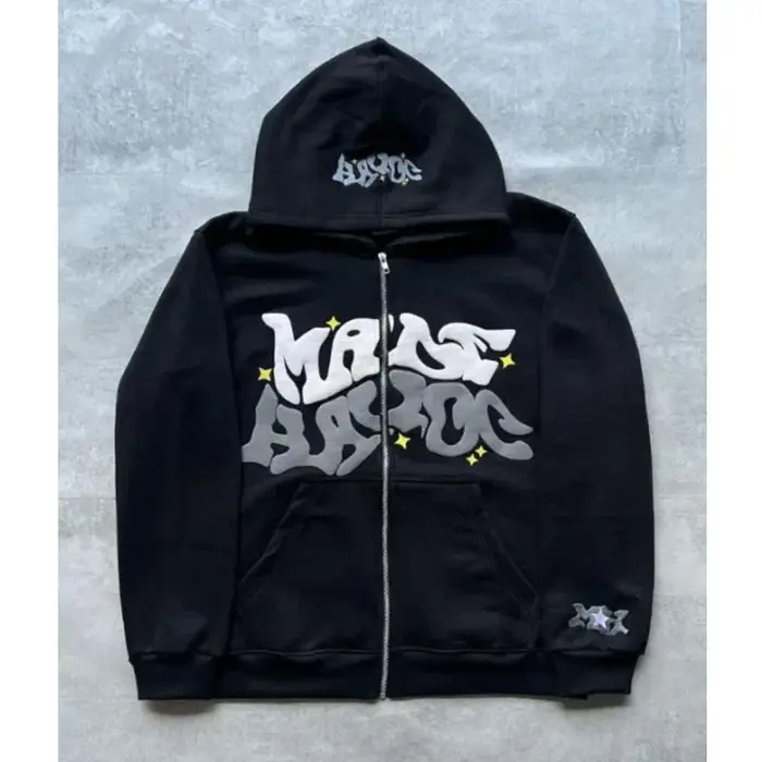 Sweat-shirt à capuche imprimé avec lettres américaines rétro pour homme, cardigan ouvert unisexe pou