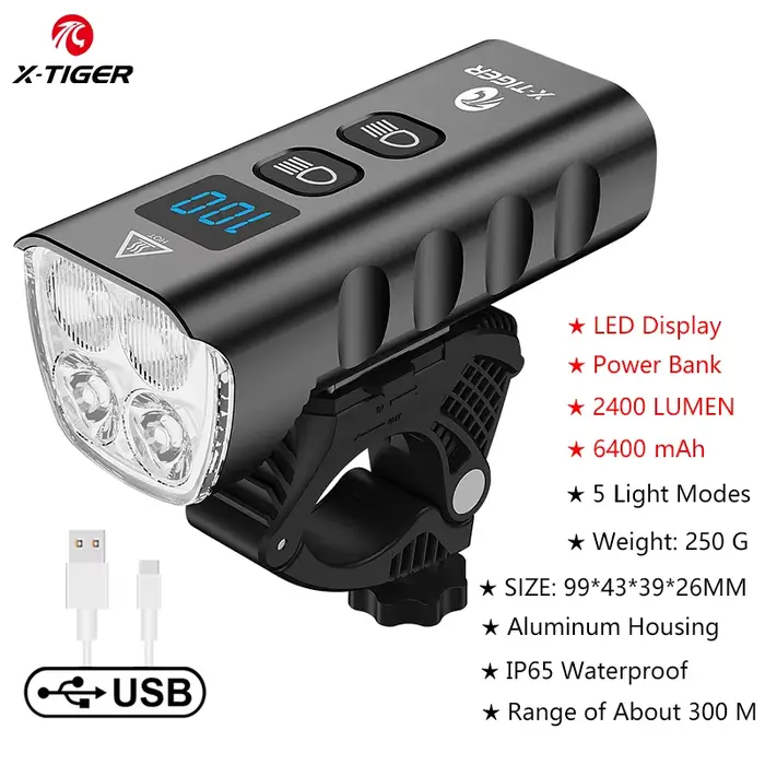 X-TIGER étanche vtt vélo lumière en alliage d'aluminium route cyclisme USB Rechargeable phare 2400 L
