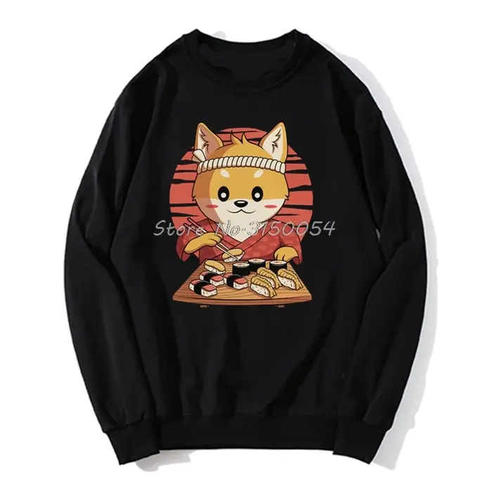Kawaii Shiba Inu Dog Graphic Hoodie Funny Eating Japanese Sushi Anime Spring Autumn Men Pullover Swe