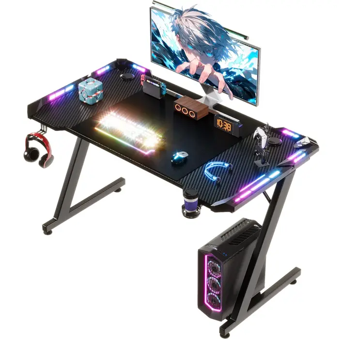 Bureau gamer LED 120x60 cm avec support Z - Table PC ergonomique porte-gobelet pour setup gaming et travail