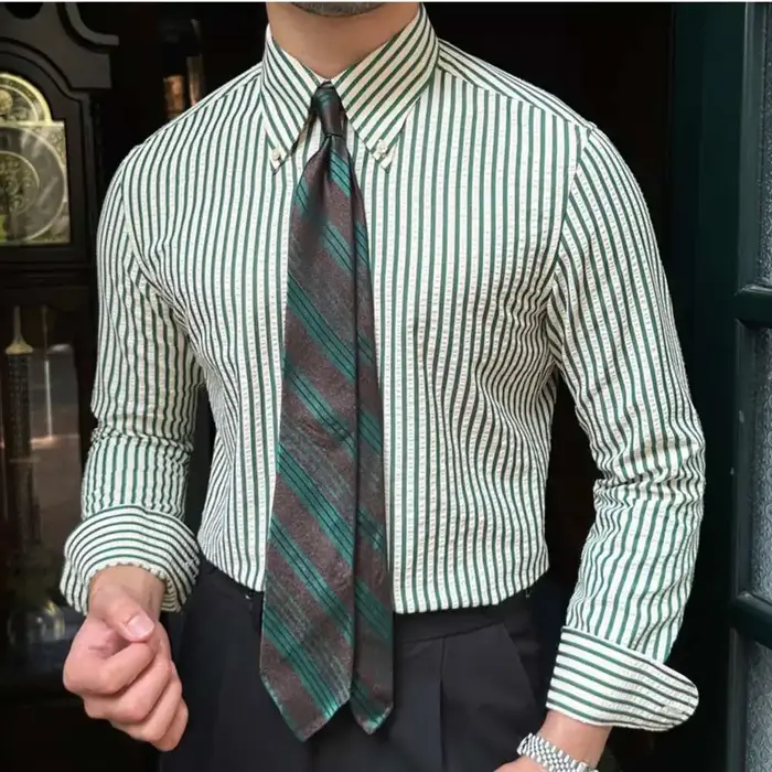Chemise rayée à manches longues pour hommes, chemise d'affaires décontractée, mince, Seersucker, hau