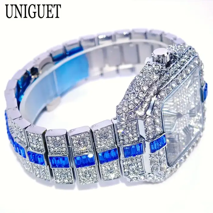 Montre homme diamants UNIGUET hip-hop bling bijoux quartz carrée pour collectionneurs