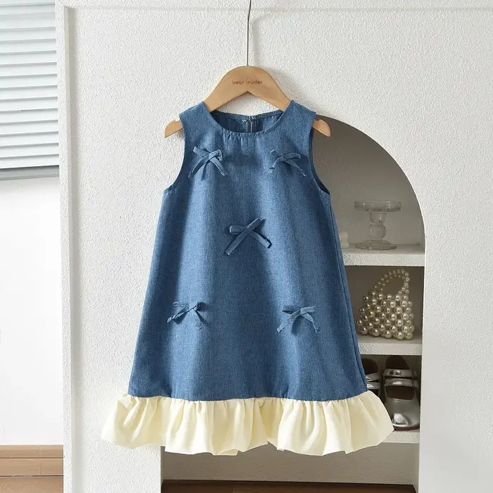 Nouvelle Robe Princesse d'Été Bleue Décontractée pour Filles, Col Rond, Sans Manches, avec Nœud et D