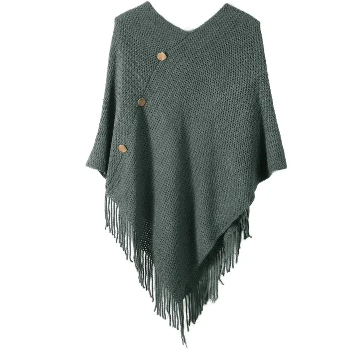 Châle à pampilles pour femmes avec faux boutons, couleur unie, adapté aux vêtements de déplacement à