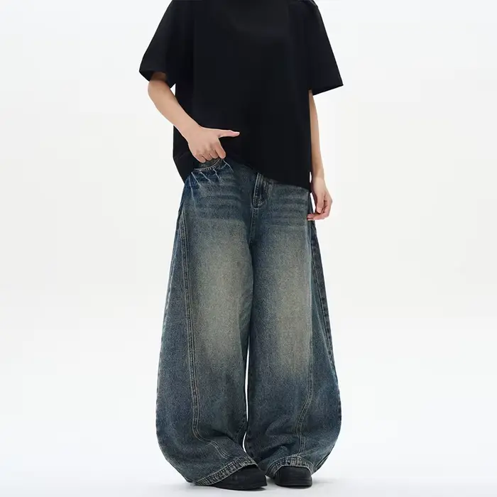 Jean surdimensionné à jambes larges pour homme, pantalon ample, Vintage, Patchwork foudre craquelée,