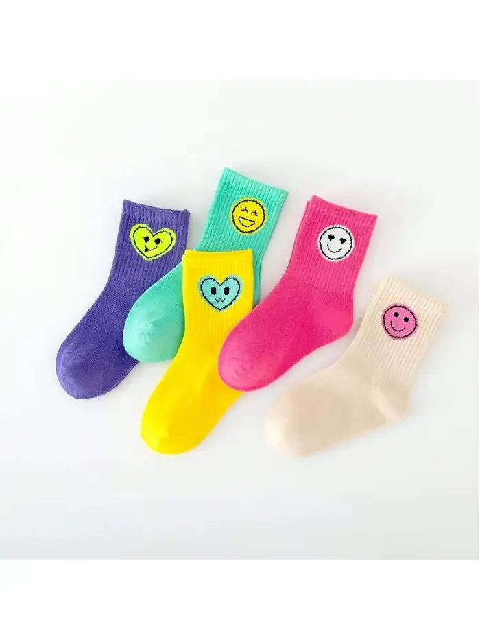 5 paires de nouvelles chaussettes pour enfants quatre saisons avec expressions de visages souriants 