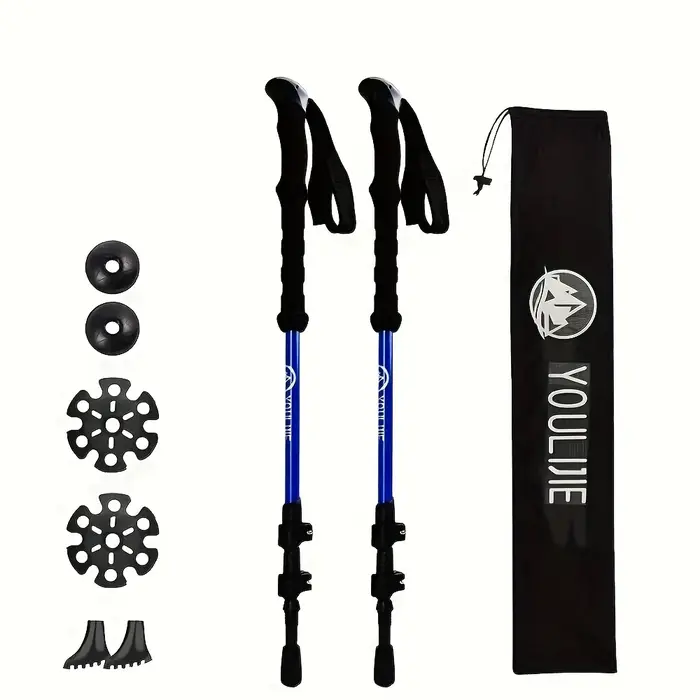 Lot de 2 bâtons de trekking en fibre de carbone, légers, télescopiques, réglables, amortissants, ave